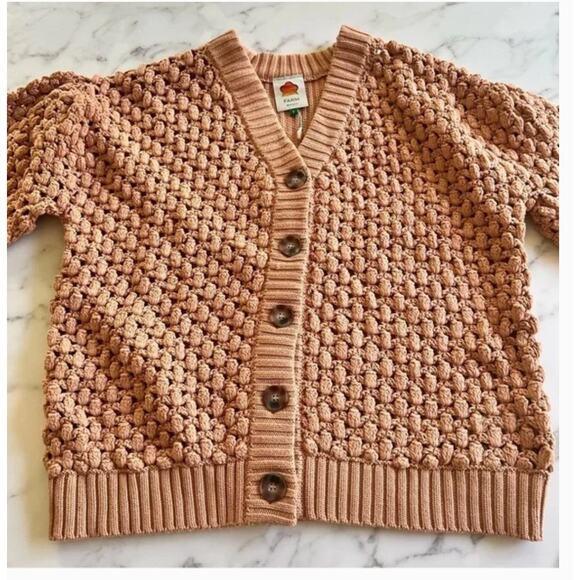 FARM RIO Dark Sand Handmade Dots Knit Cardigan XS Sweater Oversized Tan Beige - Picture 6 of 8